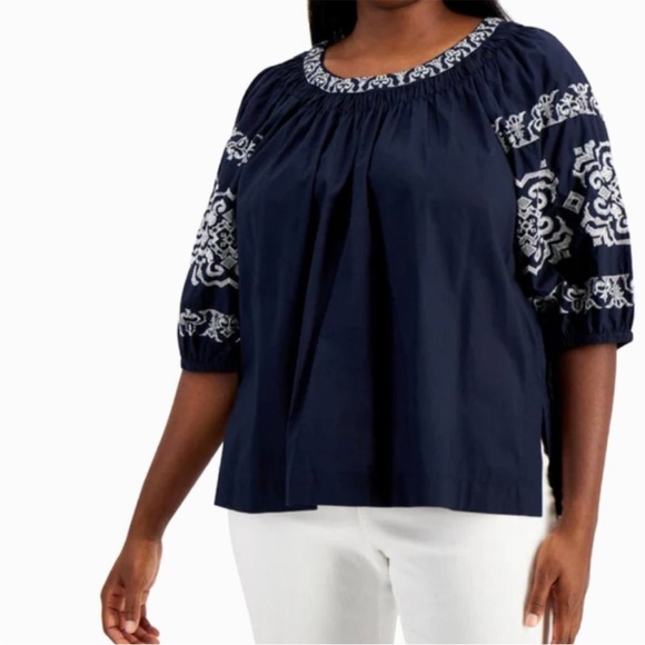 Tommy Hilfiger Tops - Tommy Hilfiger Navy Embroidered Peasant Boho Top XL NWOT 2X